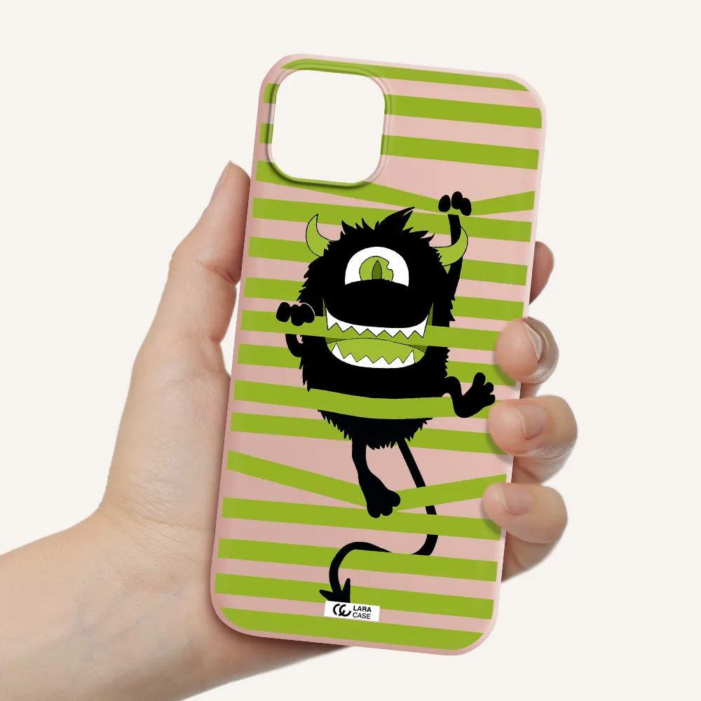 a black monster with horns and green stripes Apple iPhone 14 Silicone pastel pink Case