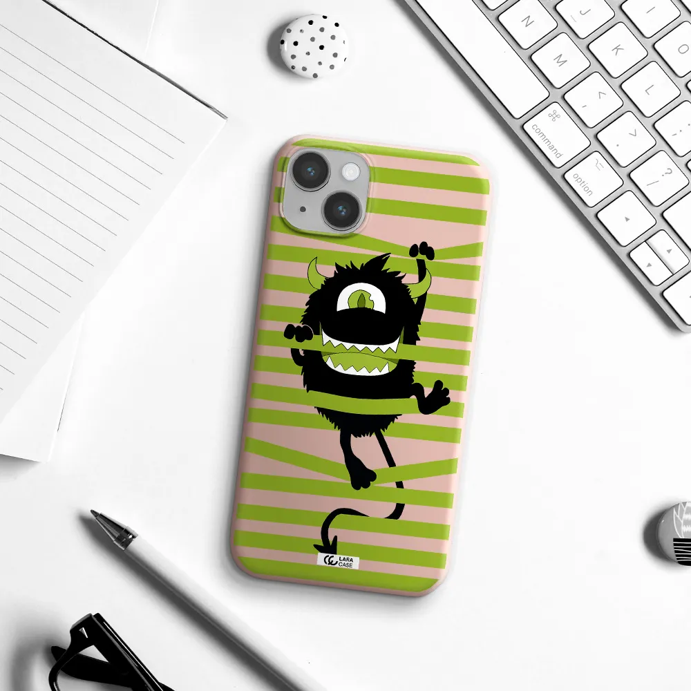 a black monster with horns and green stripes Apple iPhone 14 Silicone pastel pink Case