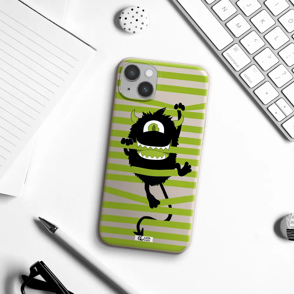 a black monster with horns and green stripes Apple iPhone 14 Silicone Stone Case