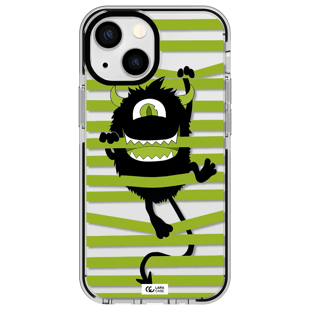 a black monster with horns and green stripes Apple iPhone 15 impact black border Case
