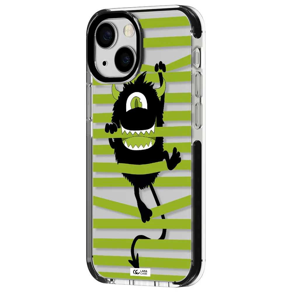 a black monster with horns and green stripes Apple iPhone 15 impact black border Case