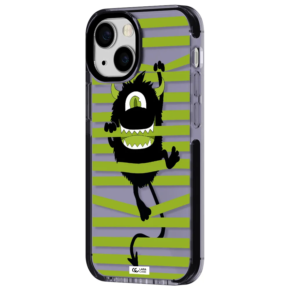 a black monster with horns and green stripes Apple iPhone 15 impact Lilac Case