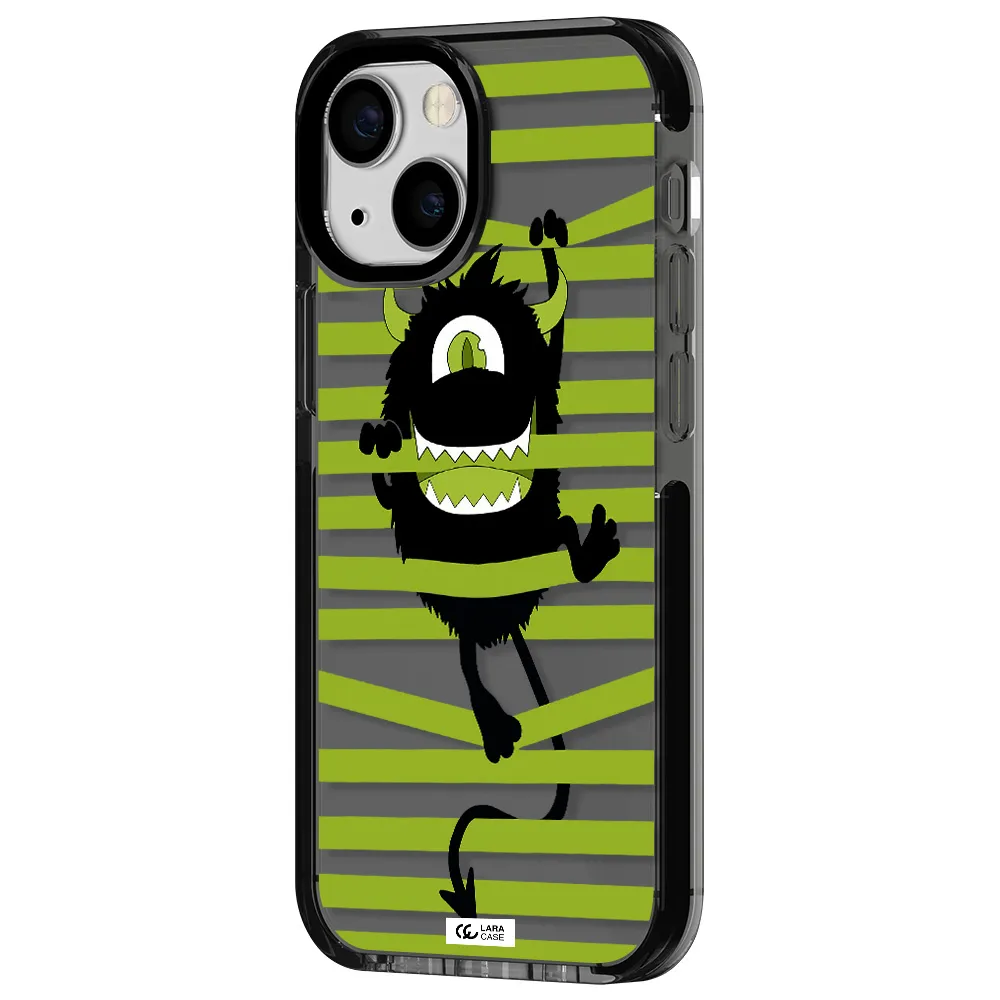 a black monster with horns and green stripes Apple iPhone 15 impact Smoke Black Case