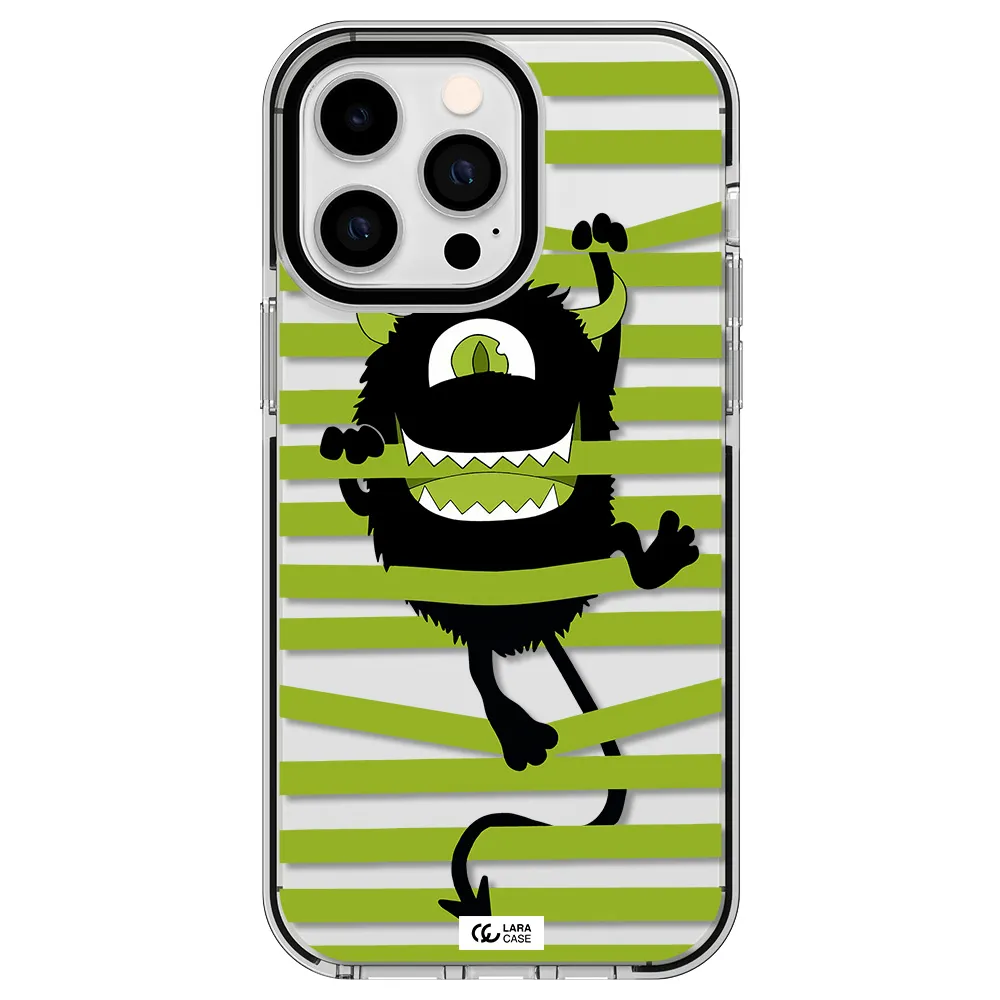 a black monster with horns and green stripes Apple iPhone 15 Pro impact black border Case