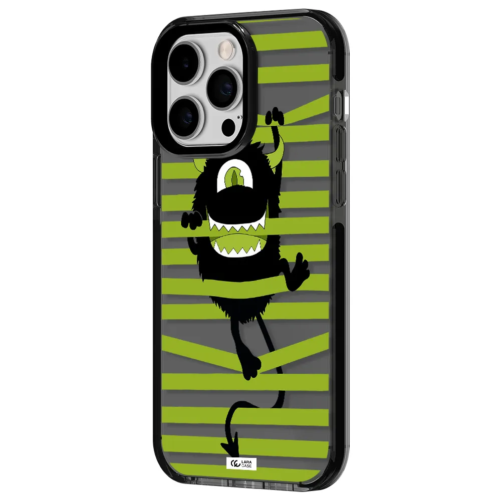 a black monster with horns and green stripes Apple iPhone 15 Pro impact Smoke Black Case