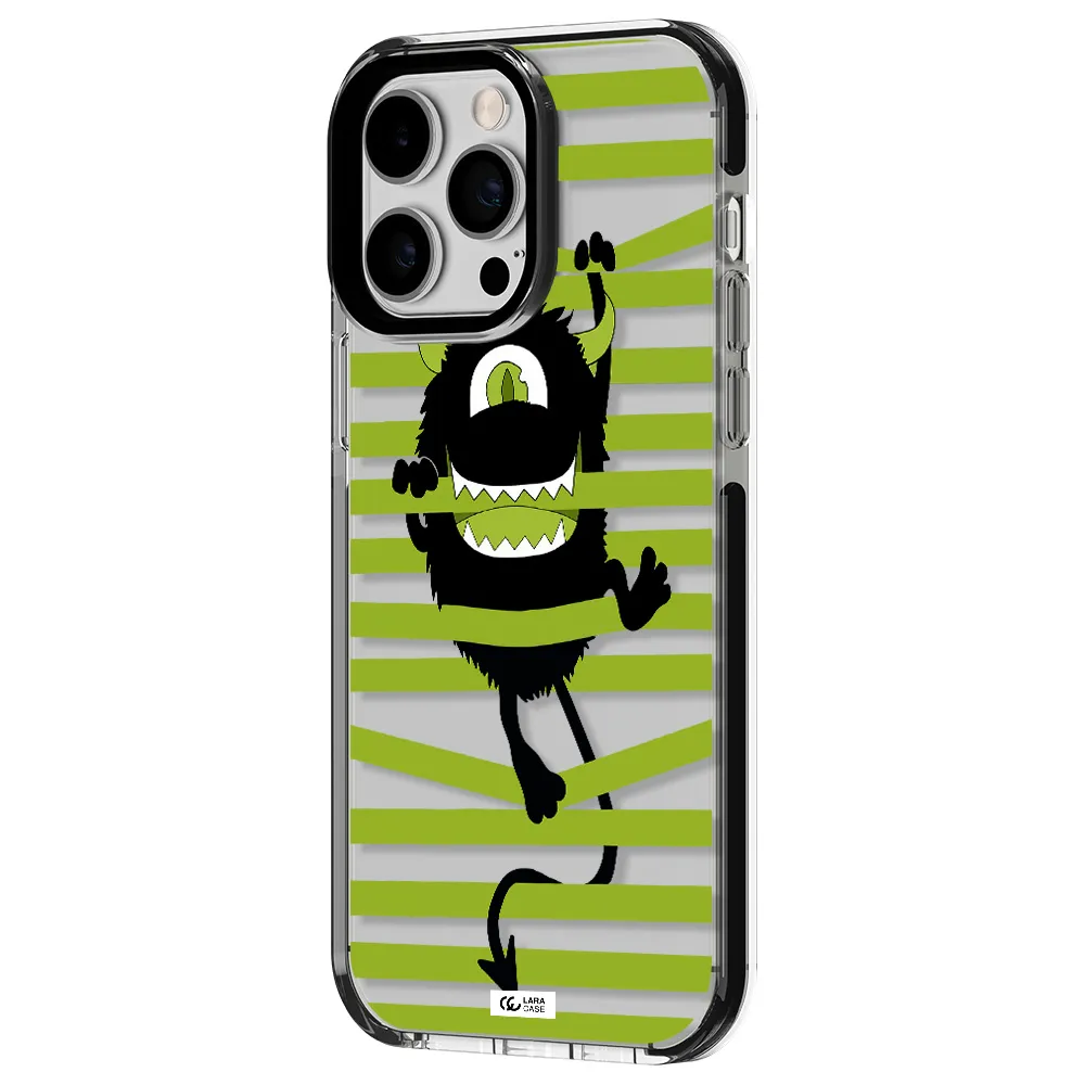a black monster with horns and green stripes Apple iPhone 15 Pro Max impact black border Case