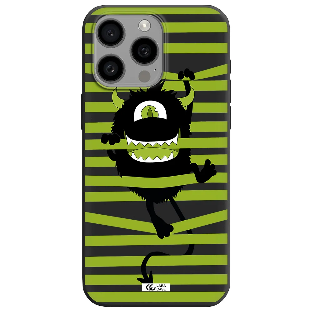 a black monster with horns and green stripes Apple Iphone 15 Pro max Silicone black Case
