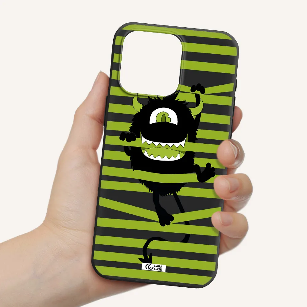 a black monster with horns and green stripes Apple Iphone 15 Pro max Silicone black Case