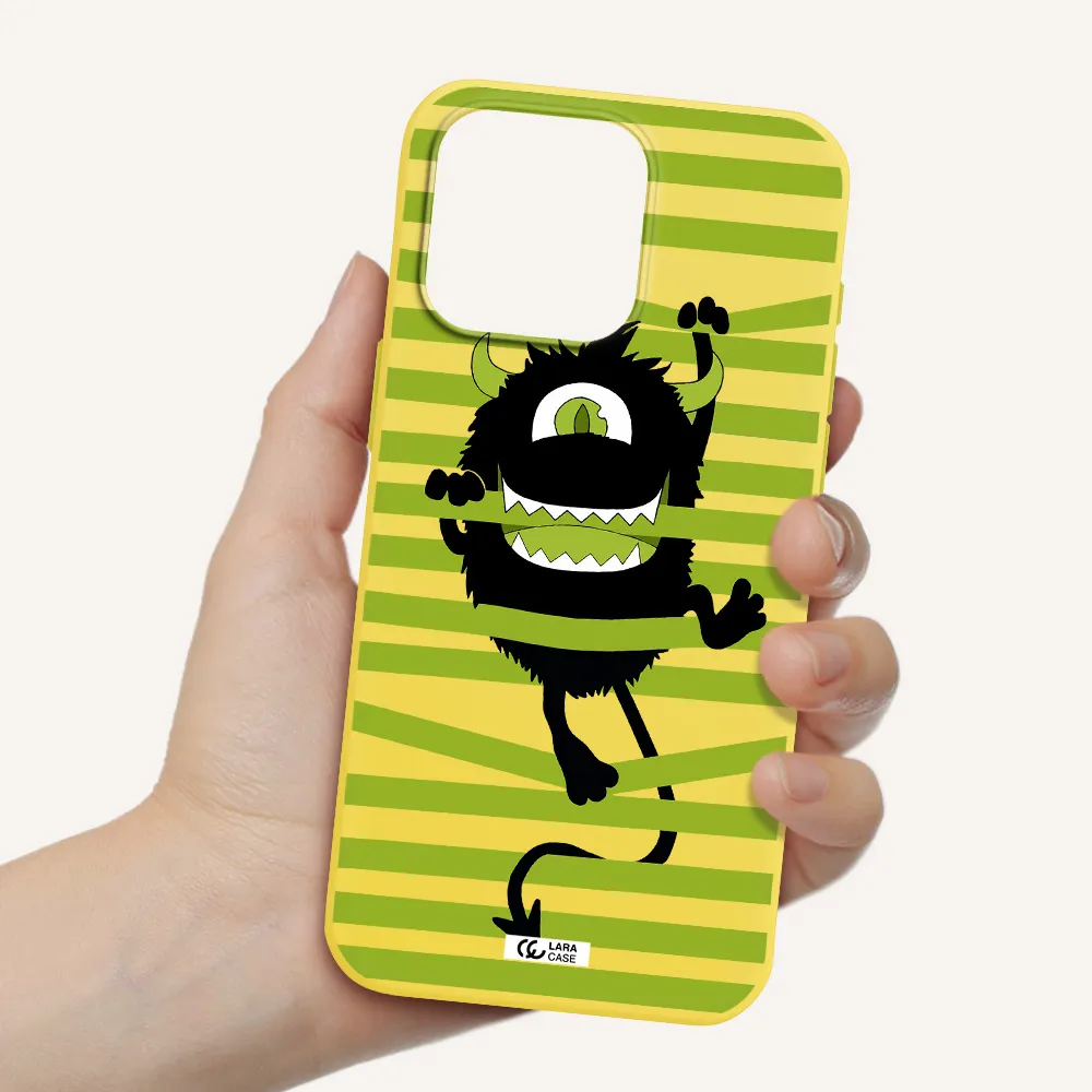 a black monster with horns and green stripes Apple Iphone 15 Pro max Silicone canary yellow Case