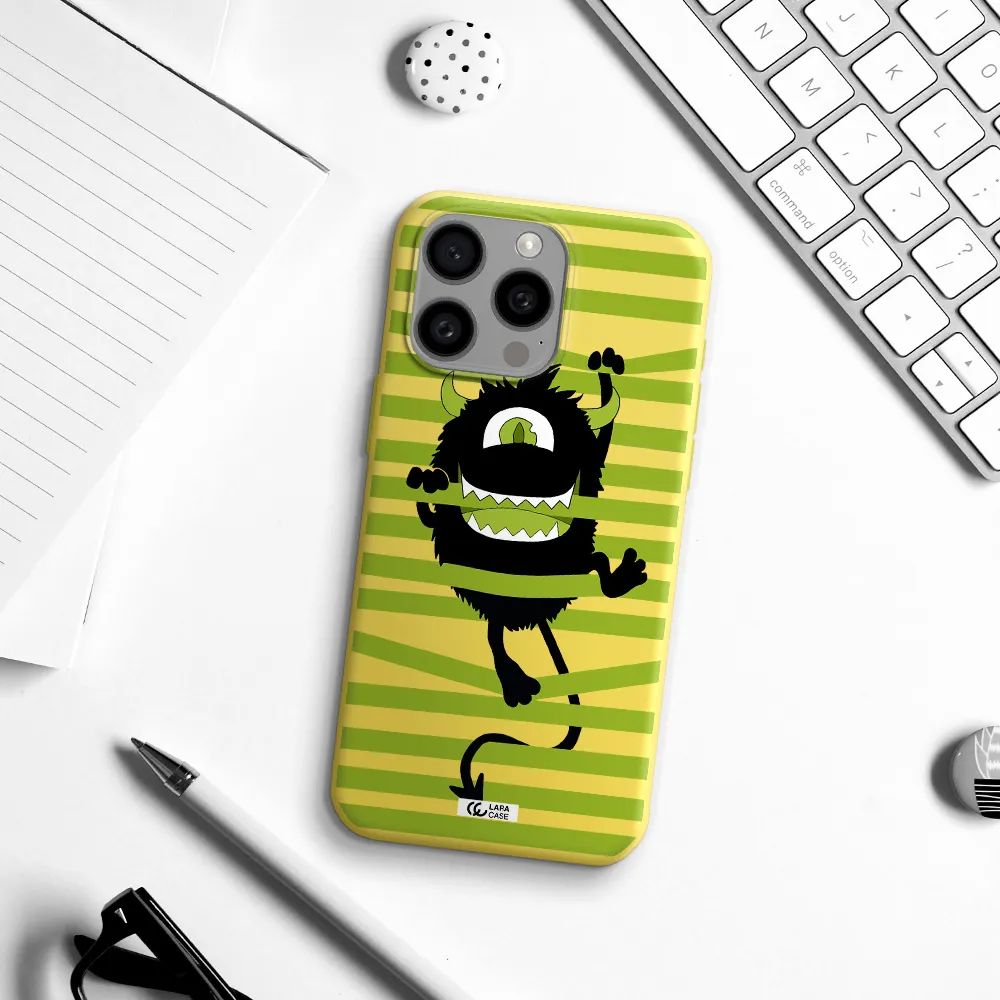a black monster with horns and green stripes Apple Iphone 15 Pro max Silicone canary yellow Case