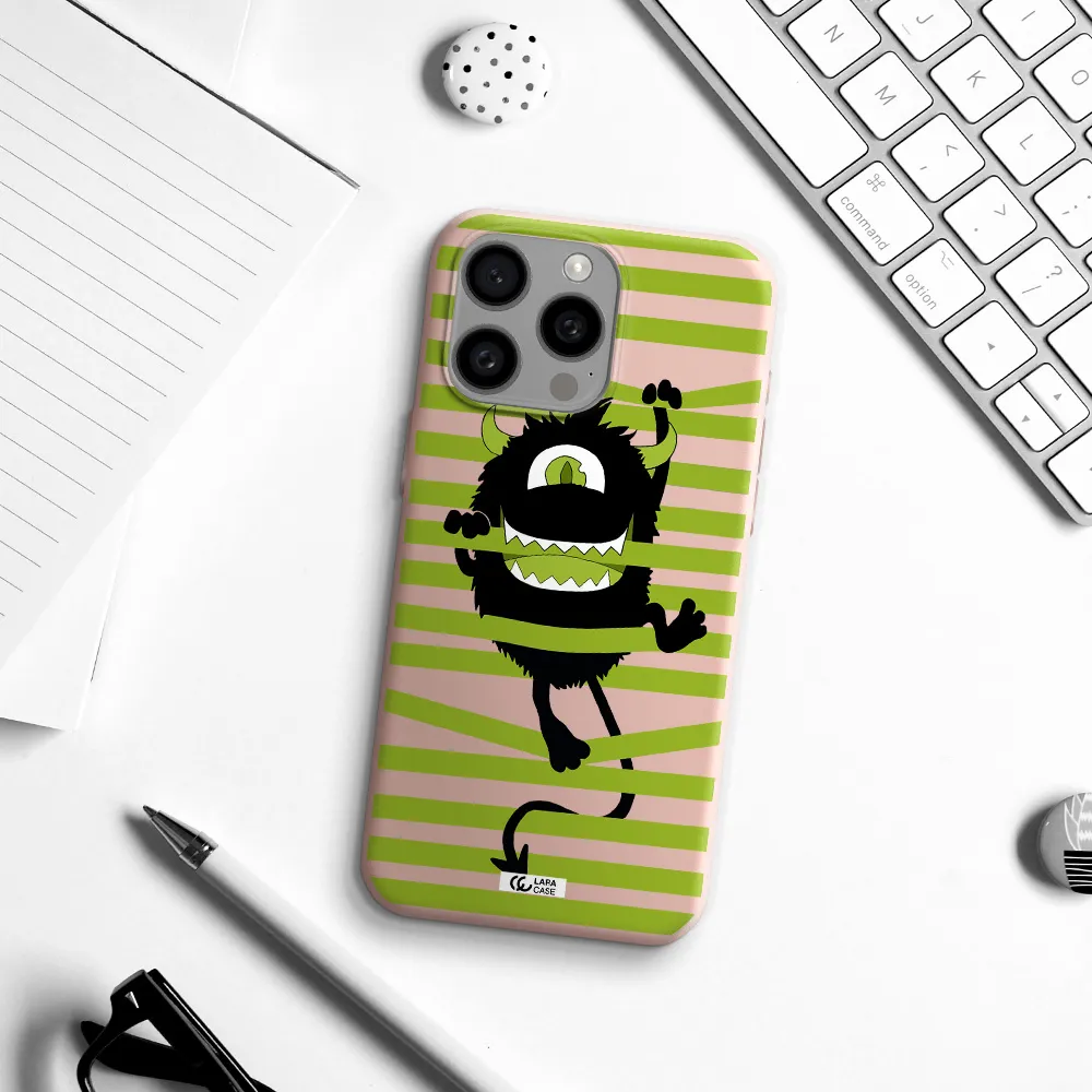 a black monster with horns and green stripes Apple Iphone 15 Pro max Silicone pastel pink Case