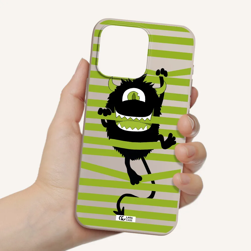 a black monster with horns and green stripes Apple Iphone 15 Pro max Silicone Stone Case