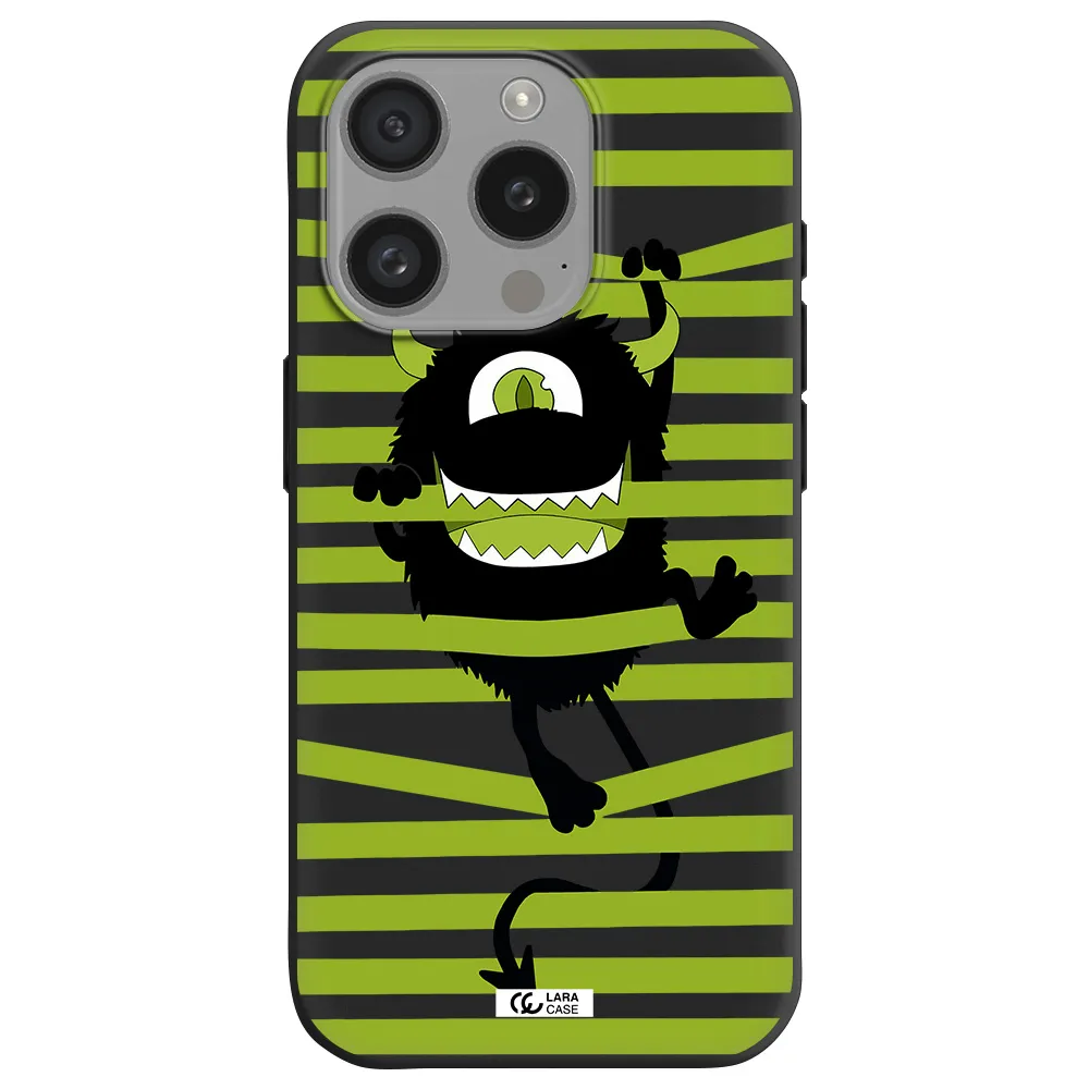 A Black Monster With Horns And Green Stripes Apple Iphone 15 Pro Silicone Black Case