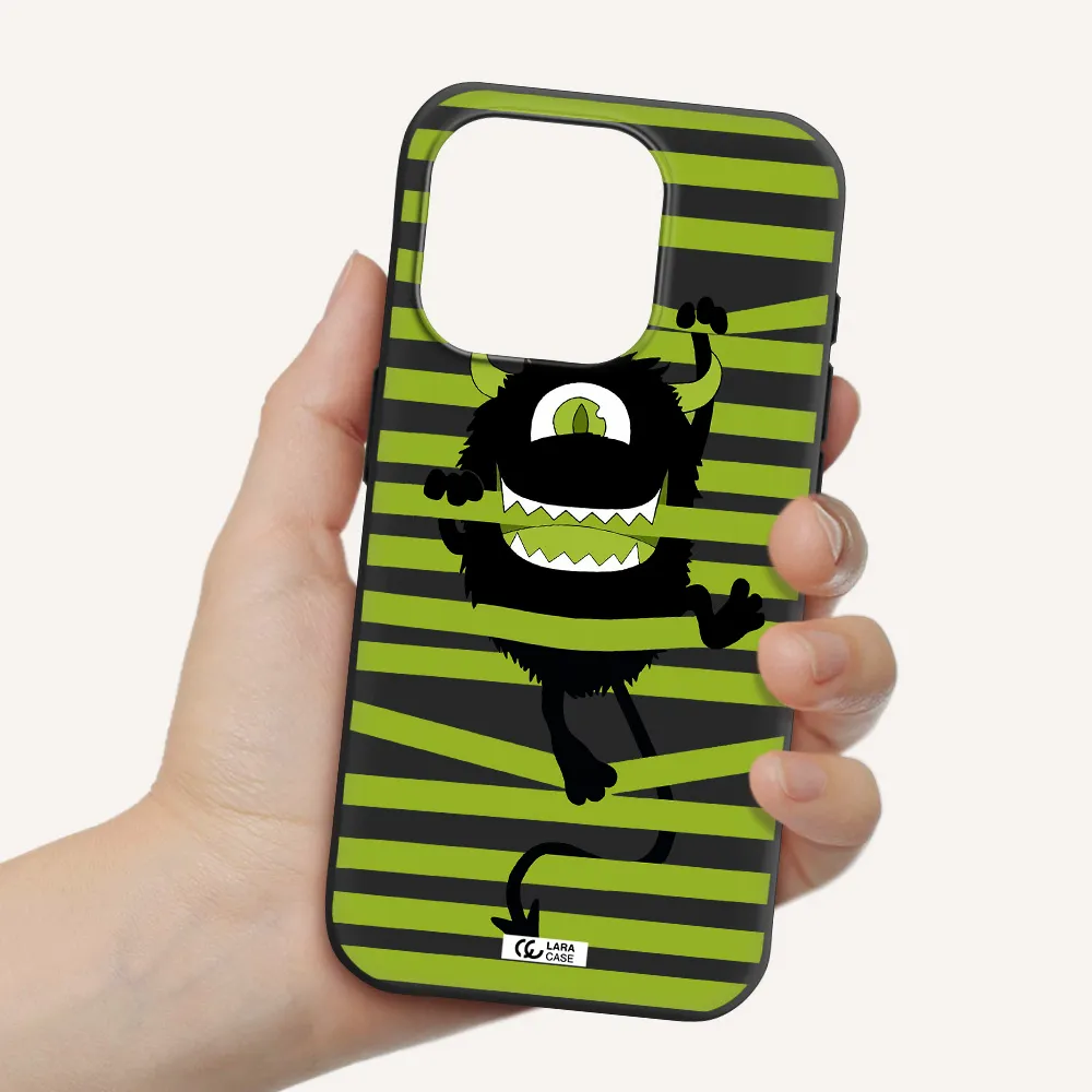 A Black Monster With Horns And Green Stripes Apple Iphone 15 Pro Silicone Black Case