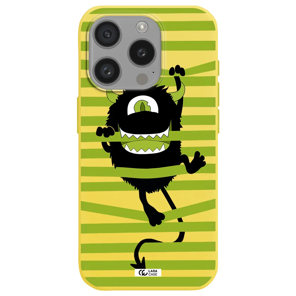 A Black Monster With Horns And Green Stripes Apple Iphone 15 Pro Silicone Canary Yellow Case