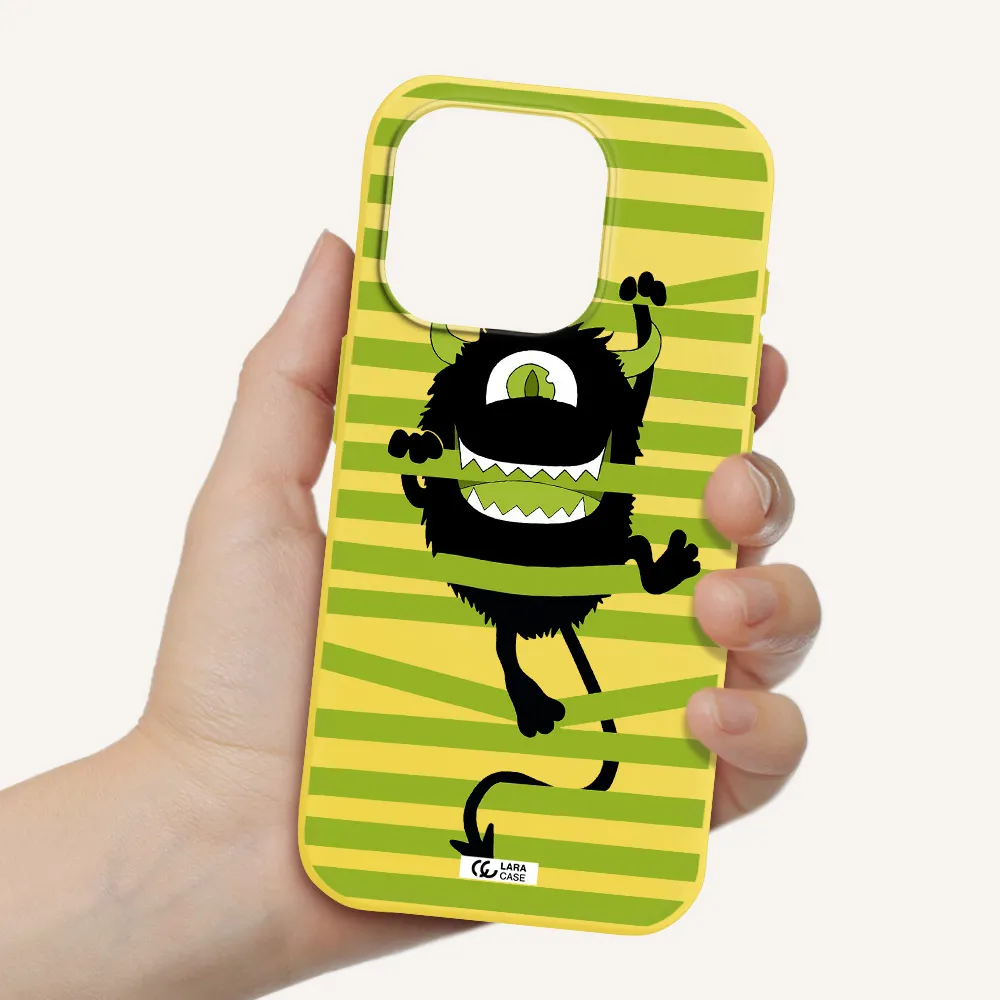 A Black Monster With Horns And Green Stripes Apple Iphone 15 Pro Silicone Canary Yellow Case