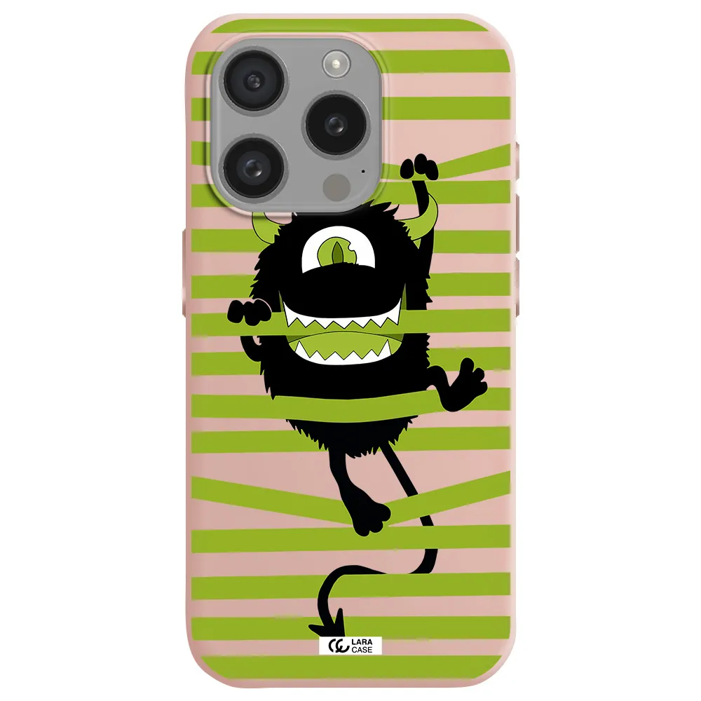 A Black Monster With Horns And Green Stripes Apple Iphone 15 Pro Silicone Pastel Pink Case