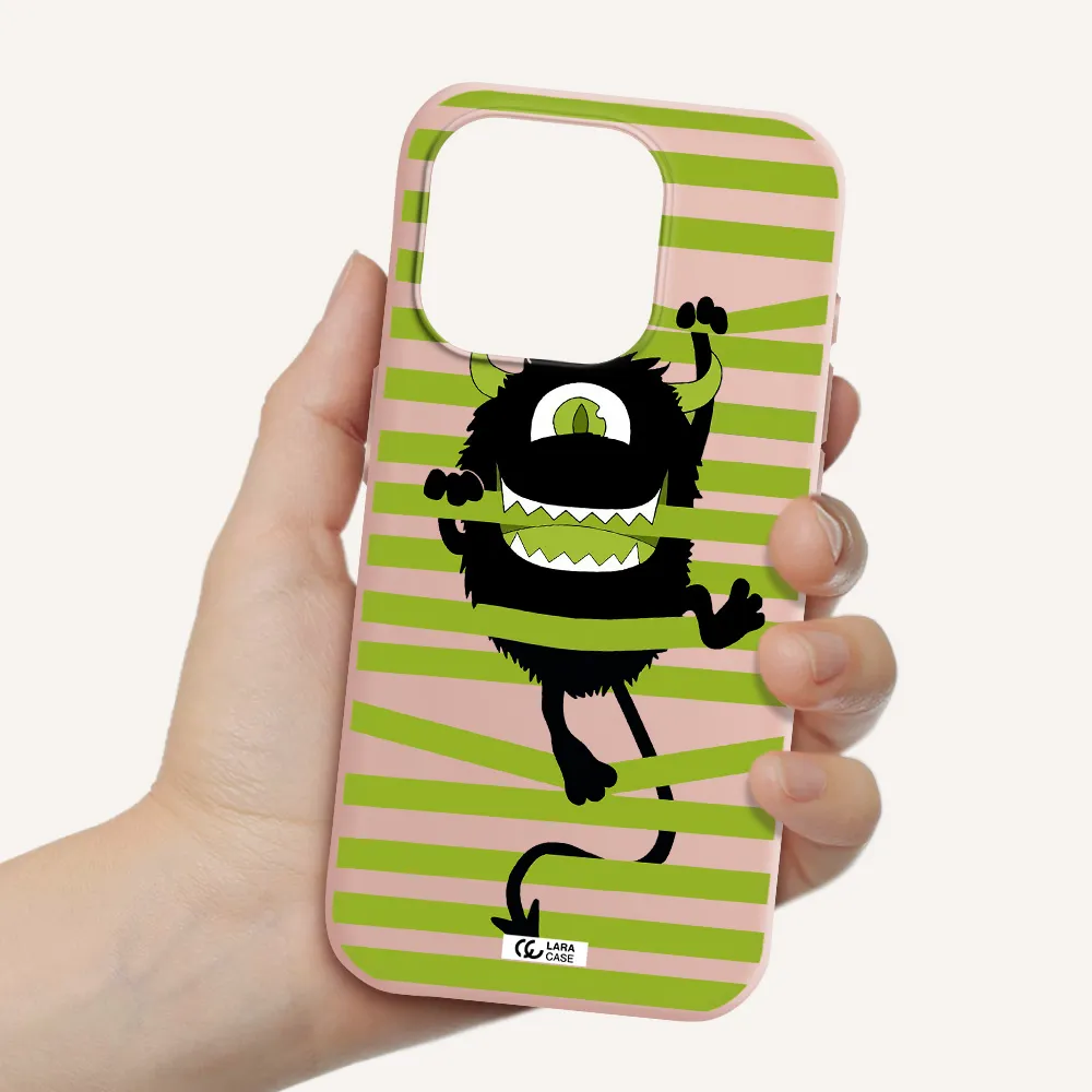 A Black Monster With Horns And Green Stripes Apple Iphone 15 Pro Silicone Pastel Pink Case