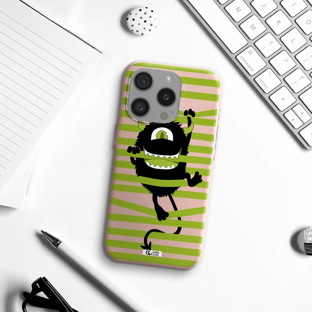 A Black Monster With Horns And Green Stripes Apple Iphone 15 Pro Silicone Pastel Pink Case