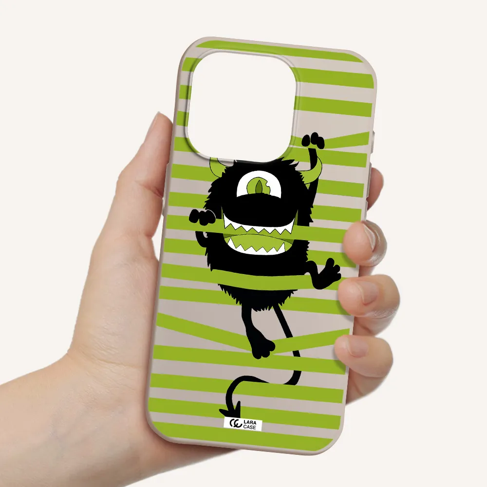 A Black Monster With Horns And Green Stripes Apple Iphone 15 Pro Silicone Stone Case