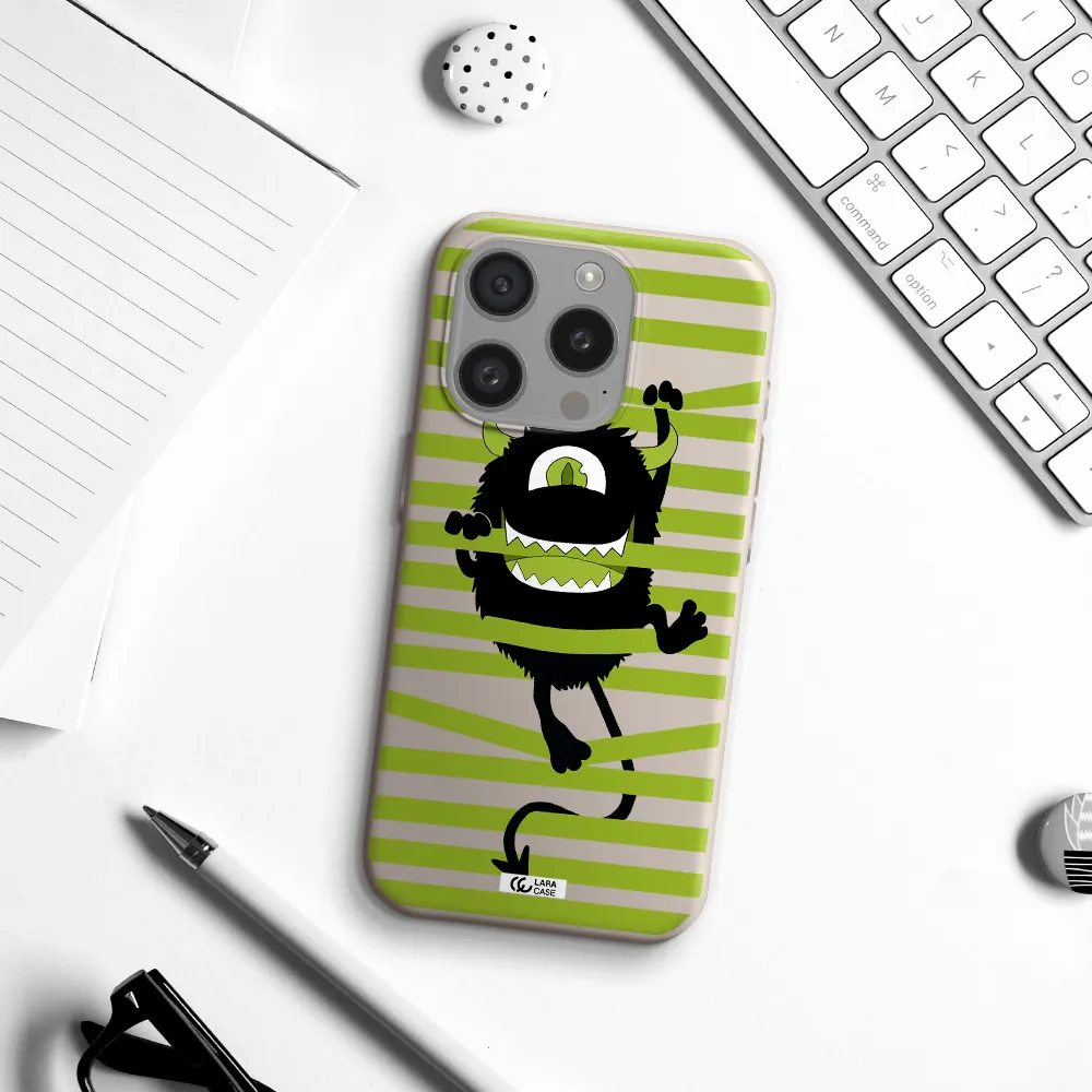 A Black Monster With Horns And Green Stripes Apple Iphone 15 Pro Silicone Stone Case