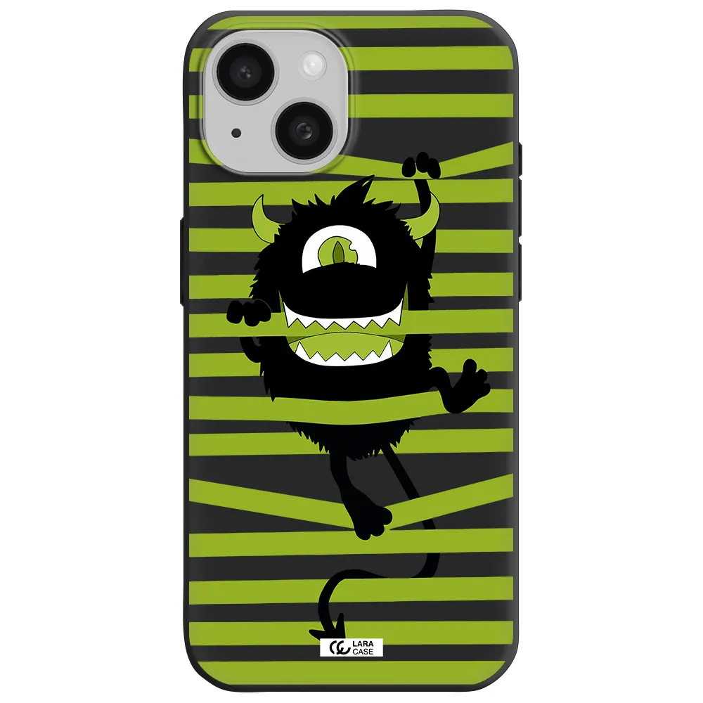a black monster with horns and green stripes Apple iPhone 15 Silicone black Case