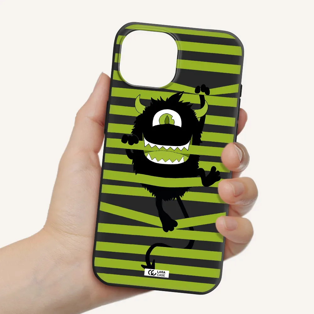 a black monster with horns and green stripes Apple iPhone 15 Silicone black Case
