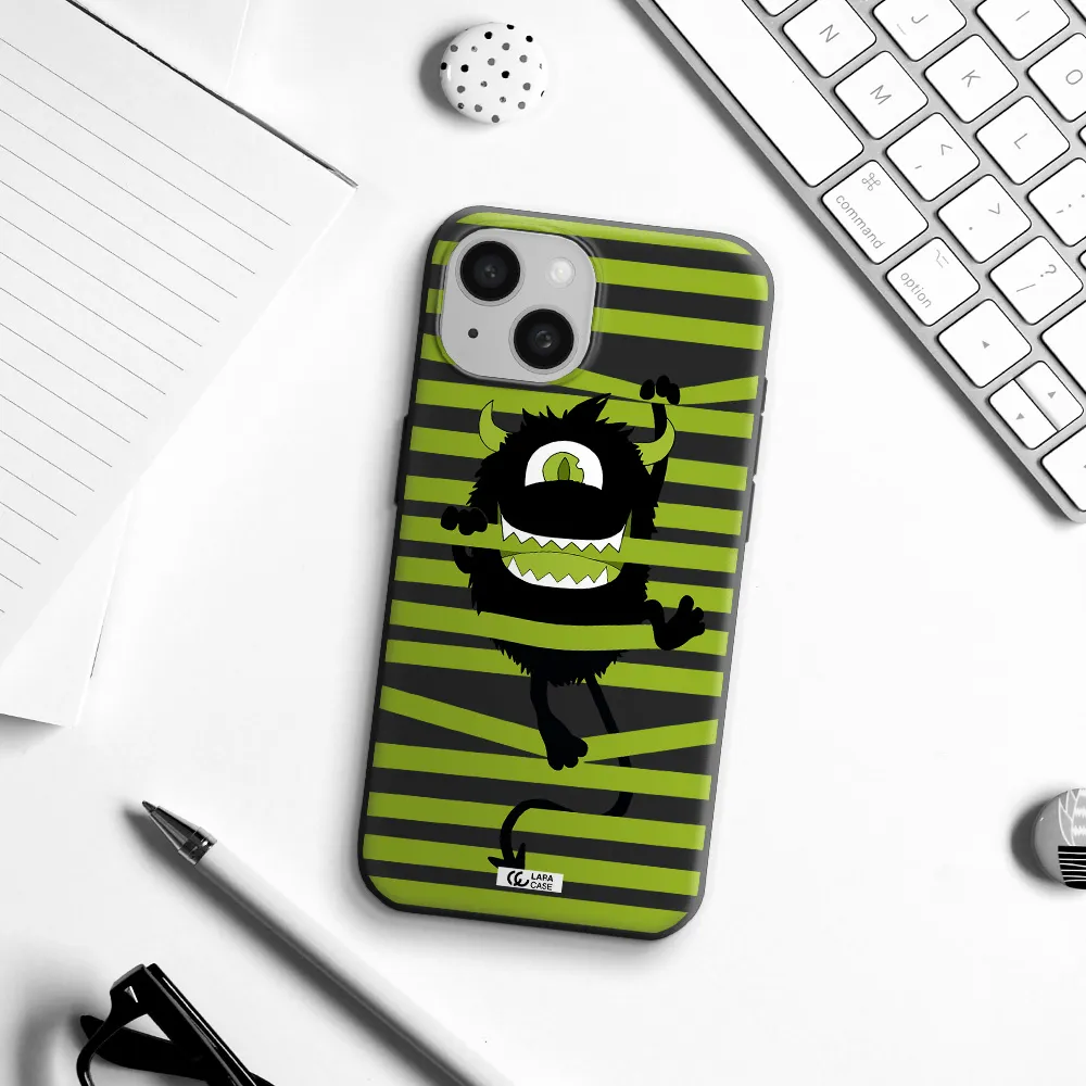 a black monster with horns and green stripes Apple iPhone 15 Silicone black Case