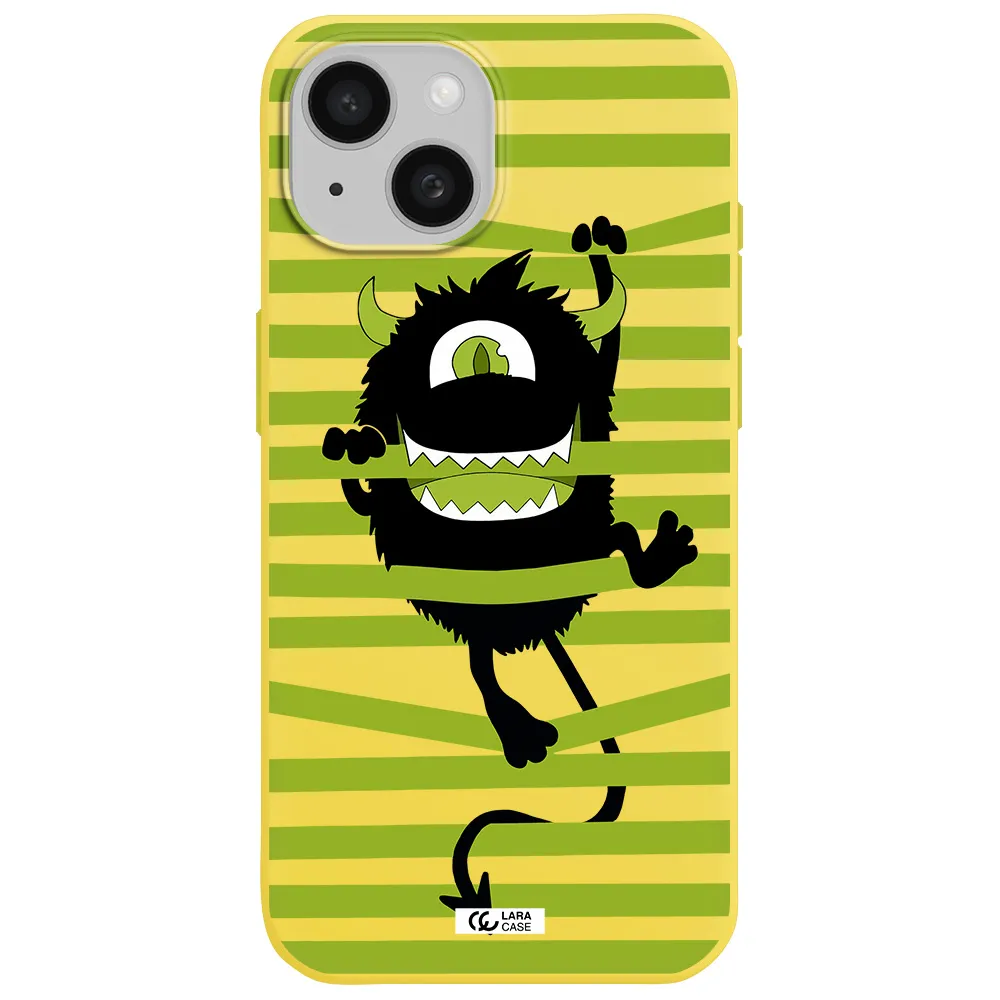 a black monster with horns and green stripes Apple iPhone 15 Silicone canary yellow Case