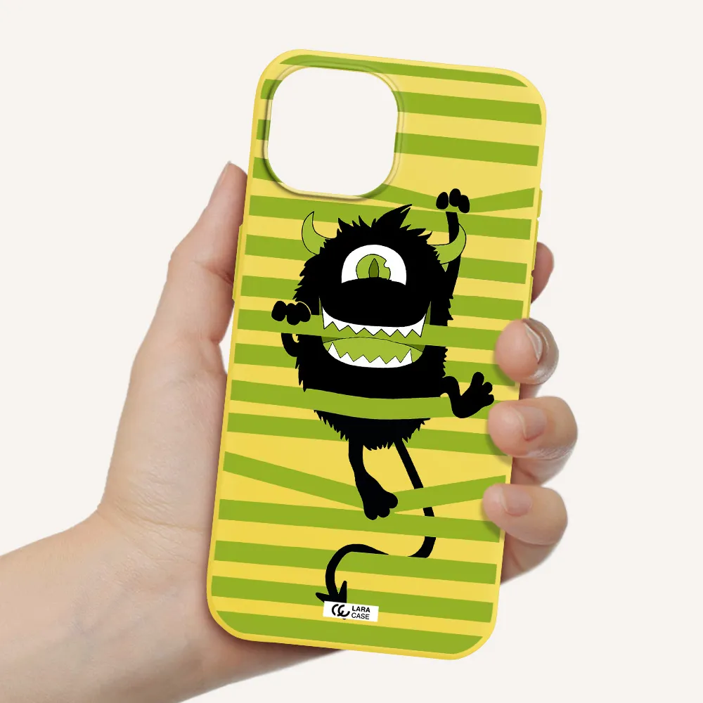 a black monster with horns and green stripes Apple iPhone 15 Silicone canary yellow Case