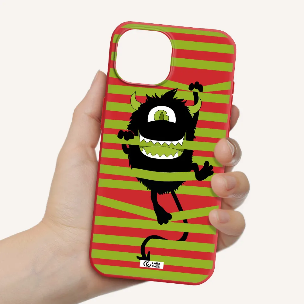 A Black Monster With Horns And Green Stripes Apple Iphone 15 Silicone Imperial Red Case