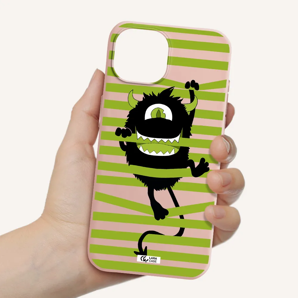 A Black Monster With Horns And Green Stripes Apple Iphone 15 Silicone Pastel Pink Case