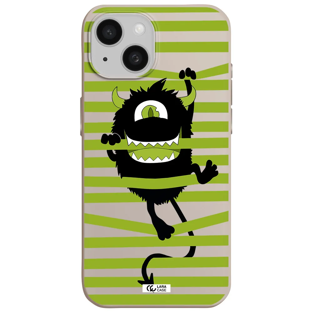 a black monster with horns and green stripes Apple iPhone 15 Silicone Stone Case