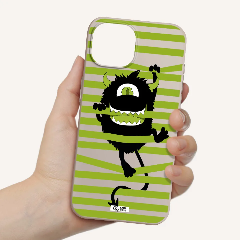 a black monster with horns and green stripes Apple iPhone 15 Silicone Stone Case