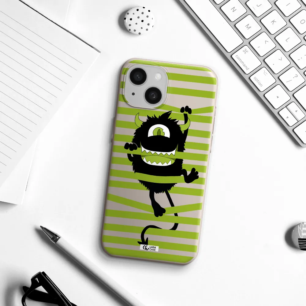 a black monster with horns and green stripes Apple iPhone 15 Silicone Stone Case