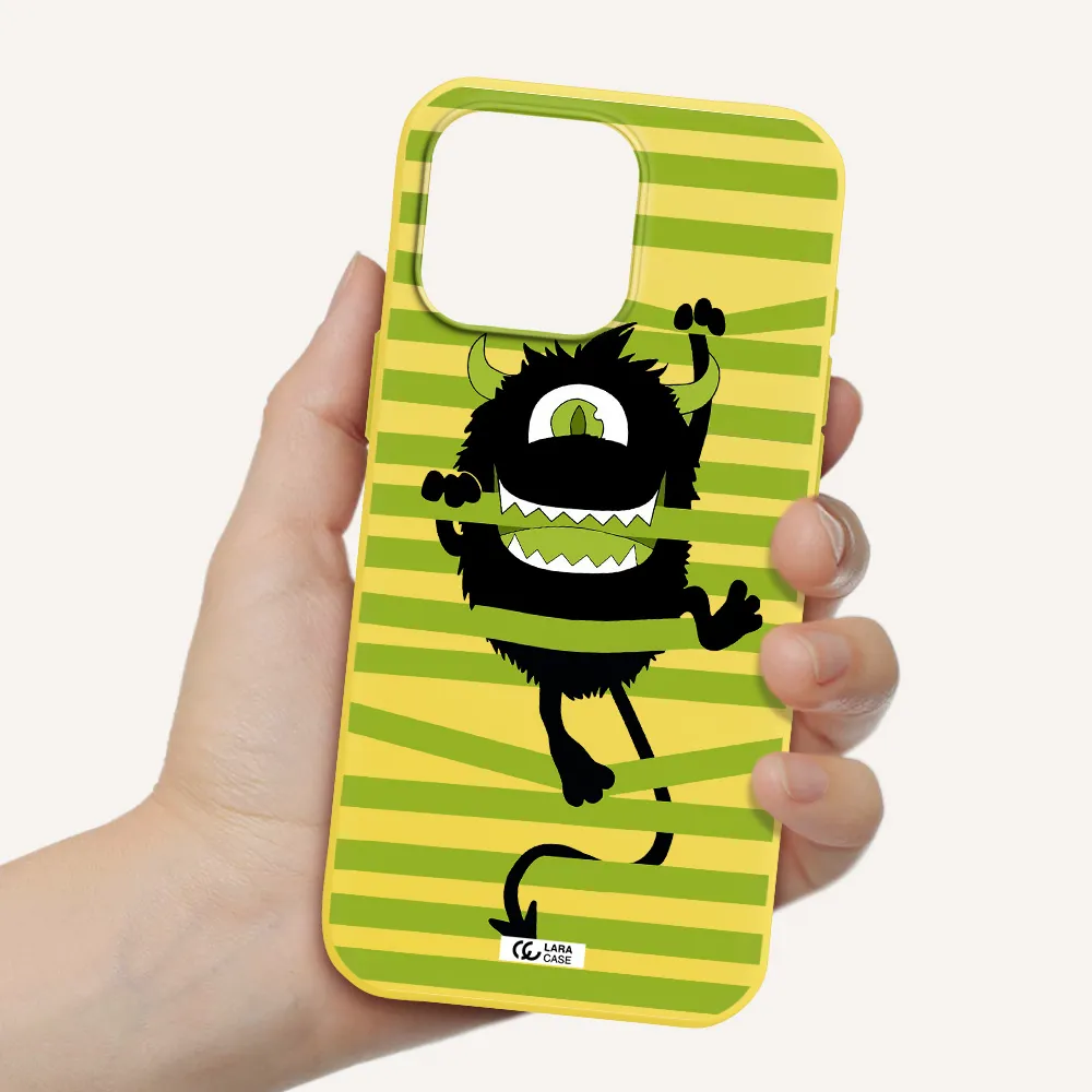 A Black Monster With Horns And Green Stripes Apple Iphone 16 Pro Max Silicone Canary Yellow Case