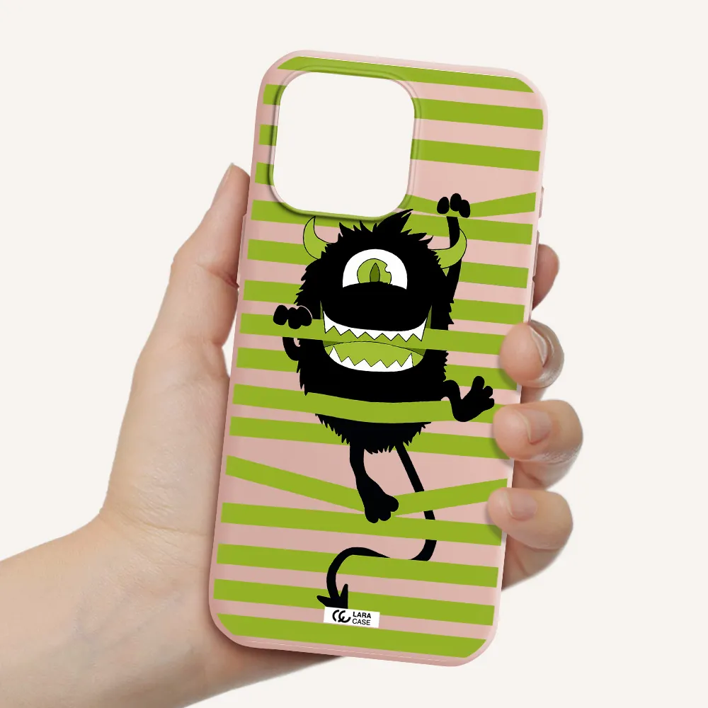 A Black Monster With Horns And Green Stripes Apple Iphone 16 Pro Max Silicone Pastel Pink Case