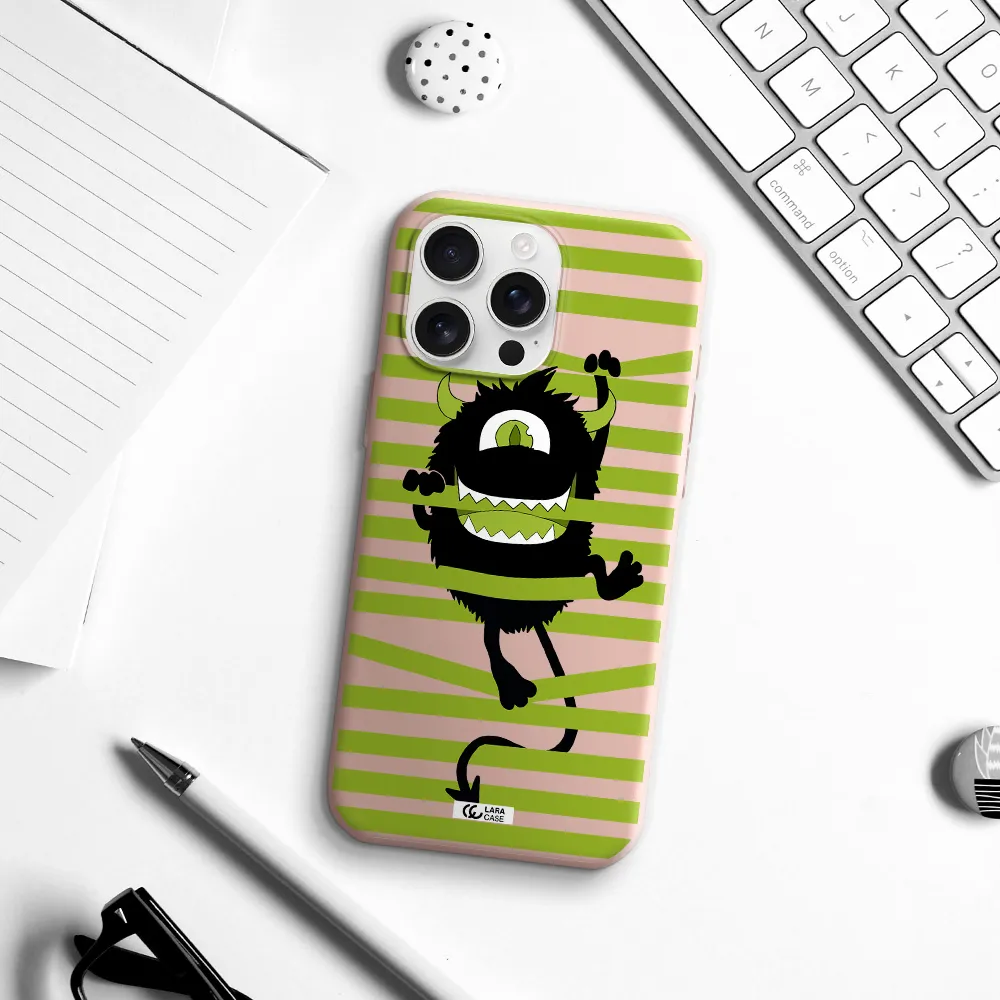 A Black Monster With Horns And Green Stripes Apple Iphone 16 Pro Max Silicone Pastel Pink Case