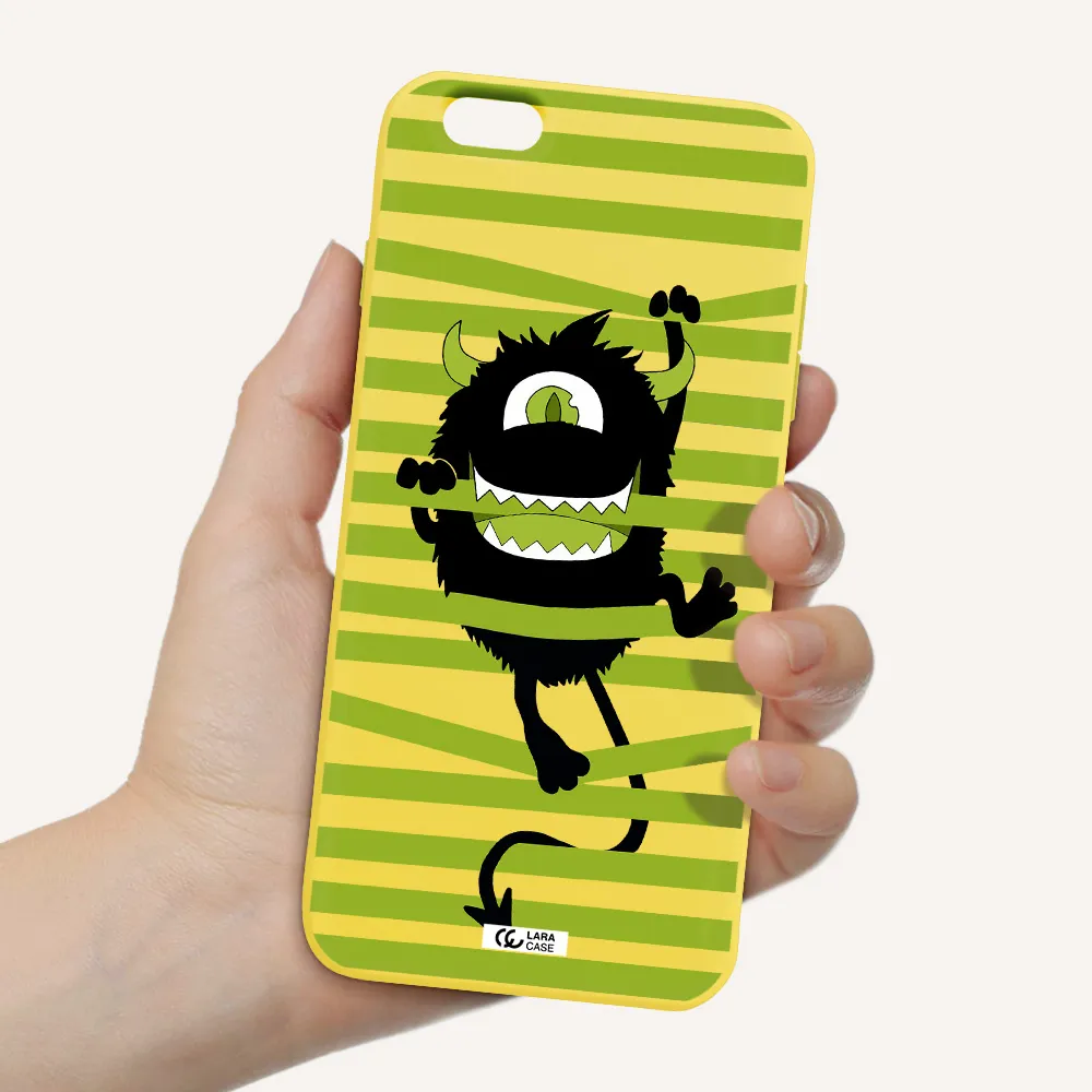 a black monster with horns and green stripes Apple iPhone 6 plus Silicone canary yellow Case