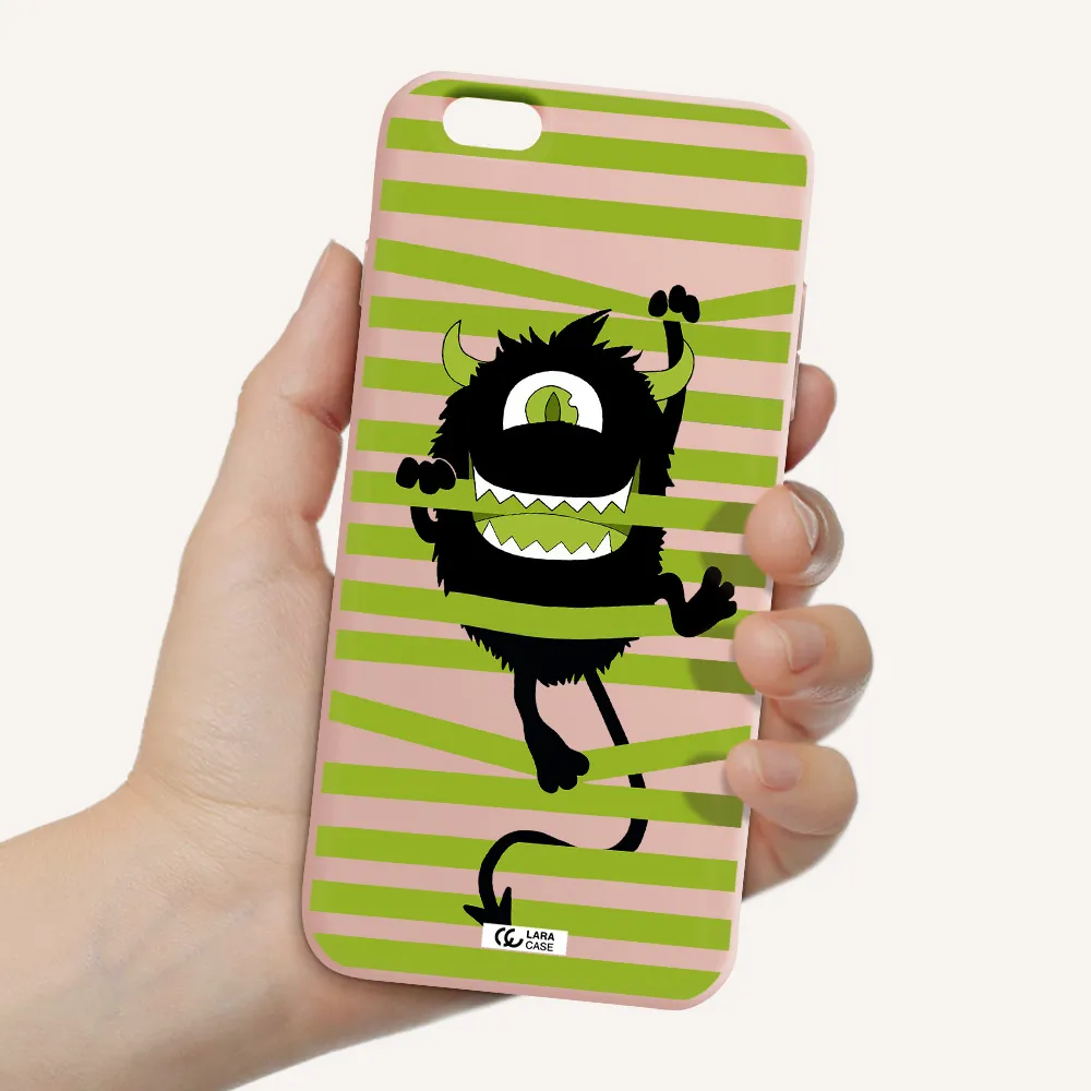 a black monster with horns and green stripes Apple iPhone 6 plus Silicone pastel pink Case