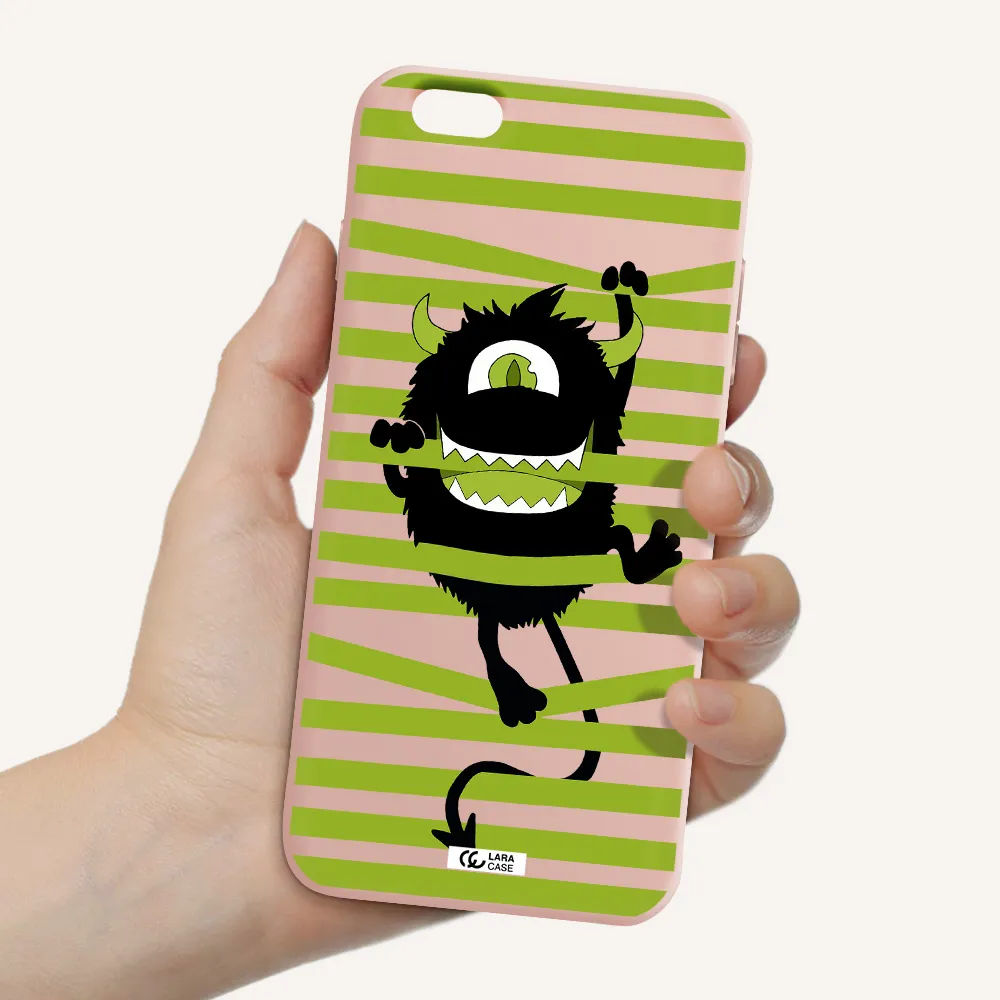 a black monster with horns and green stripes Apple iPhone 6 s plus Silicone pastel pink Case