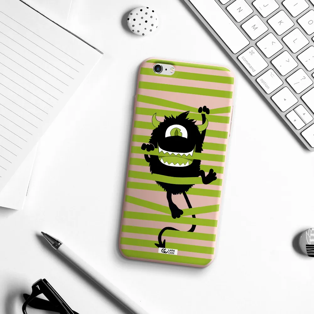 a black monster with horns and green stripes Apple iPhone 6 s plus Silicone pastel pink Case