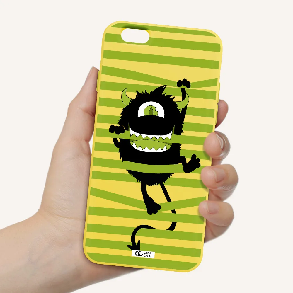 a black monster with horns and green stripes Apple iPhone 6 Silicone canary yellow Case
