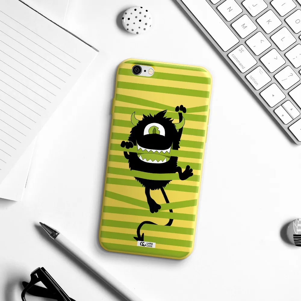 a black monster with horns and green stripes Apple iPhone 6 Silicone canary yellow Case