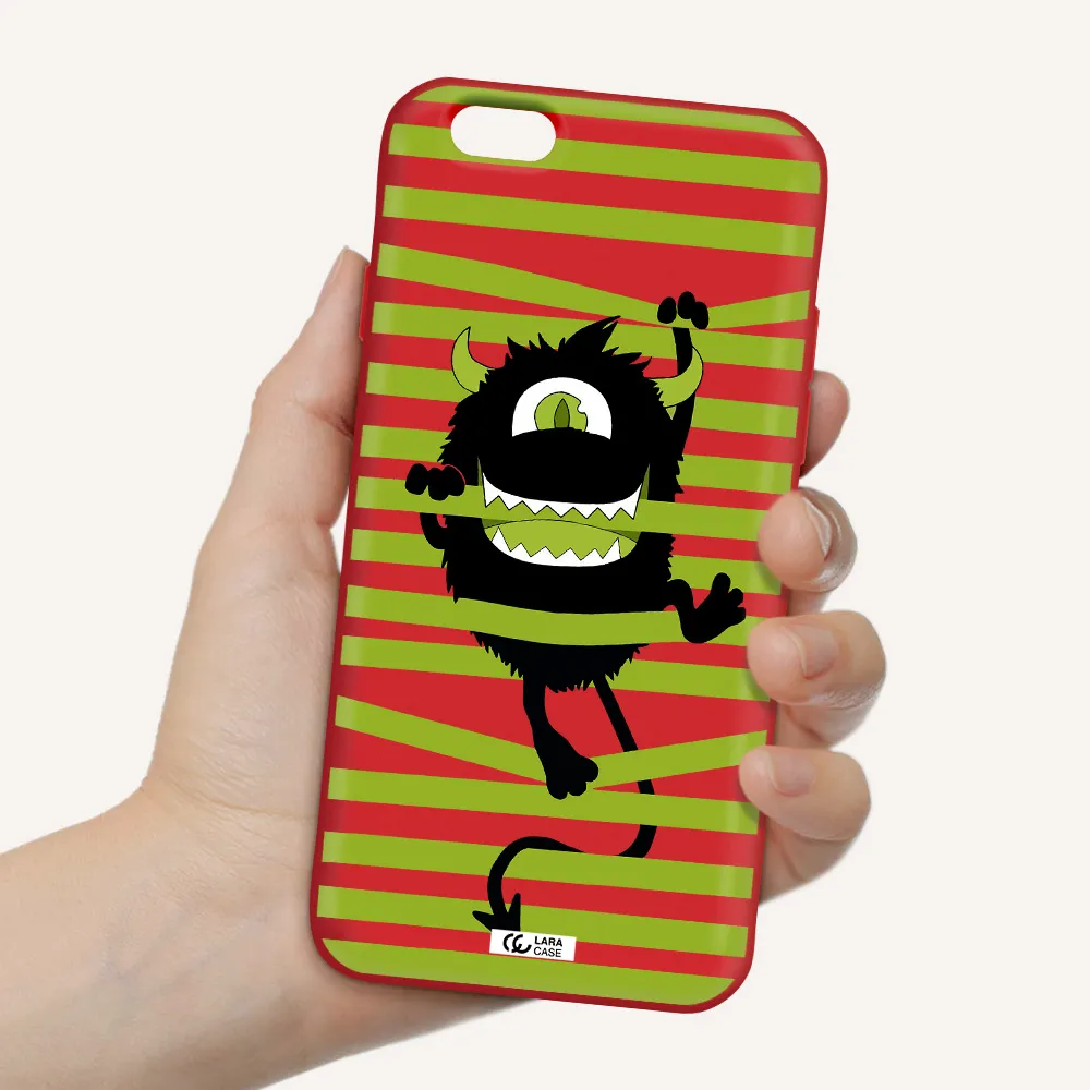 a black monster with horns and green stripes Apple iPhone 6 Silicone Imperial Red Case