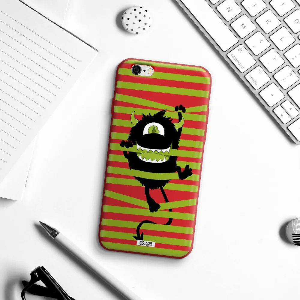 a black monster with horns and green stripes Apple iPhone 6 Silicone Imperial Red Case
