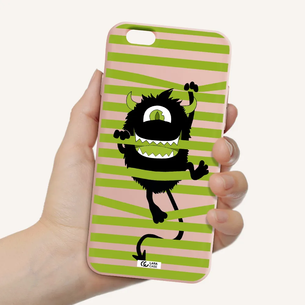 a black monster with horns and green stripes Apple iPhone 6 Silicone pastel pink Case