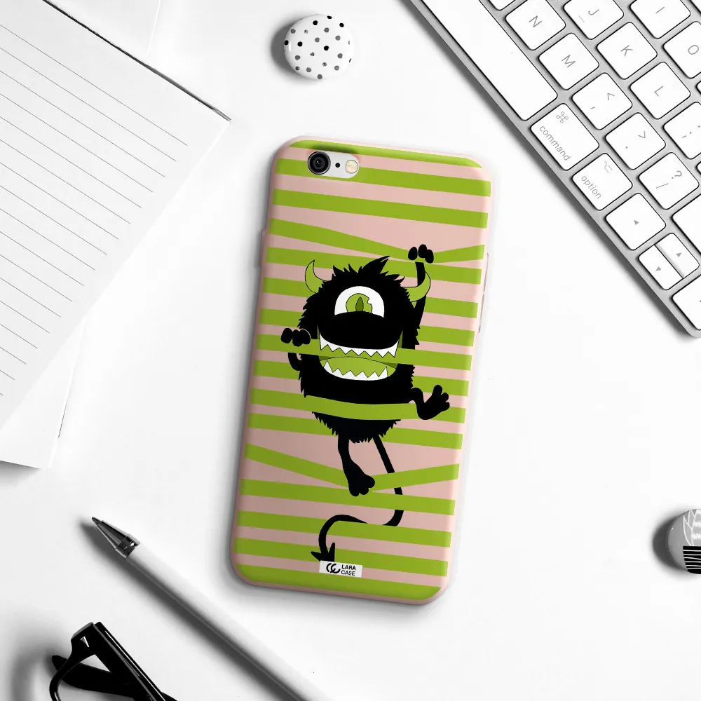 a black monster with horns and green stripes Apple iPhone 6 Silicone pastel pink Case