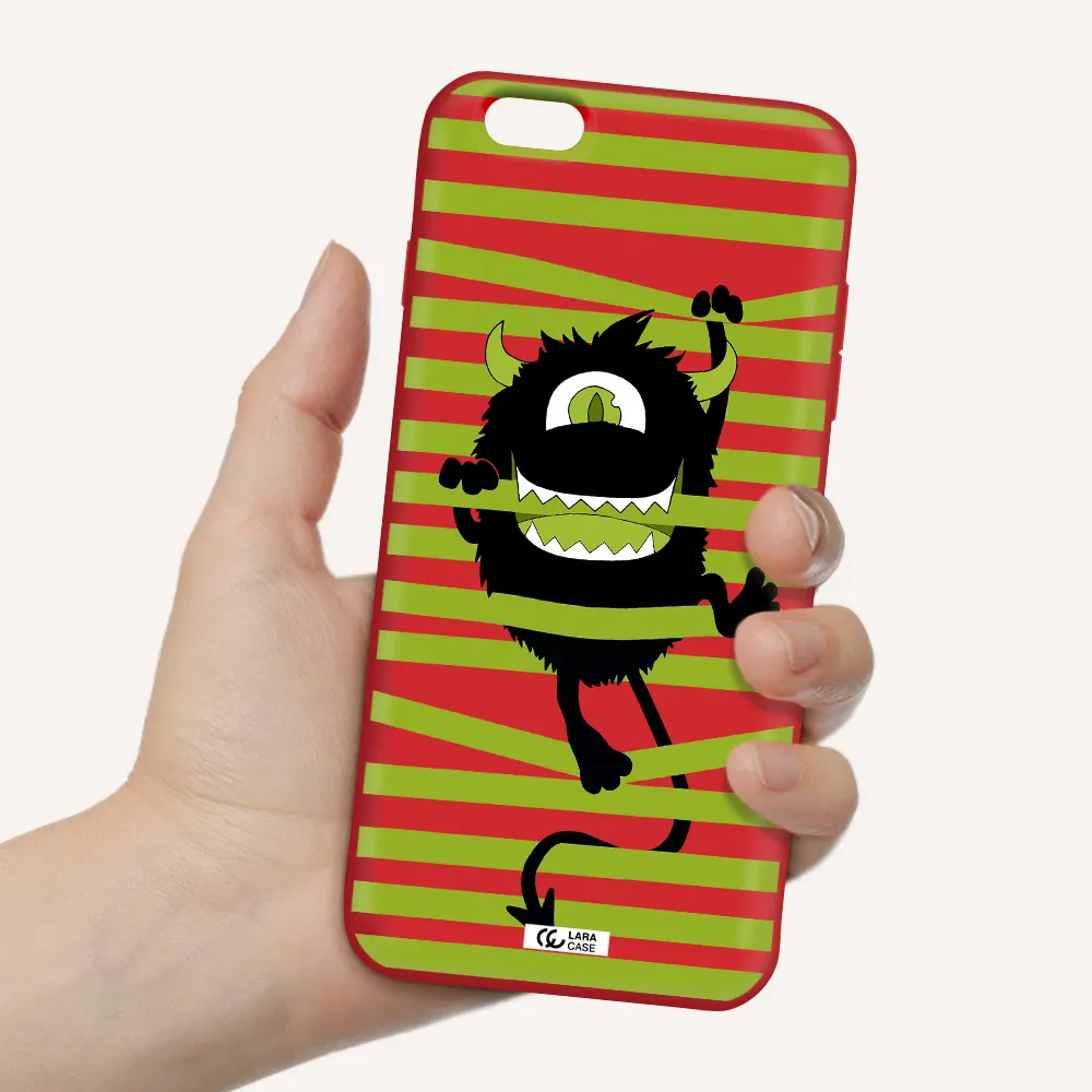 a black monster with horns and green stripes Apple iPhone 6S Silicone Imperial Red Case