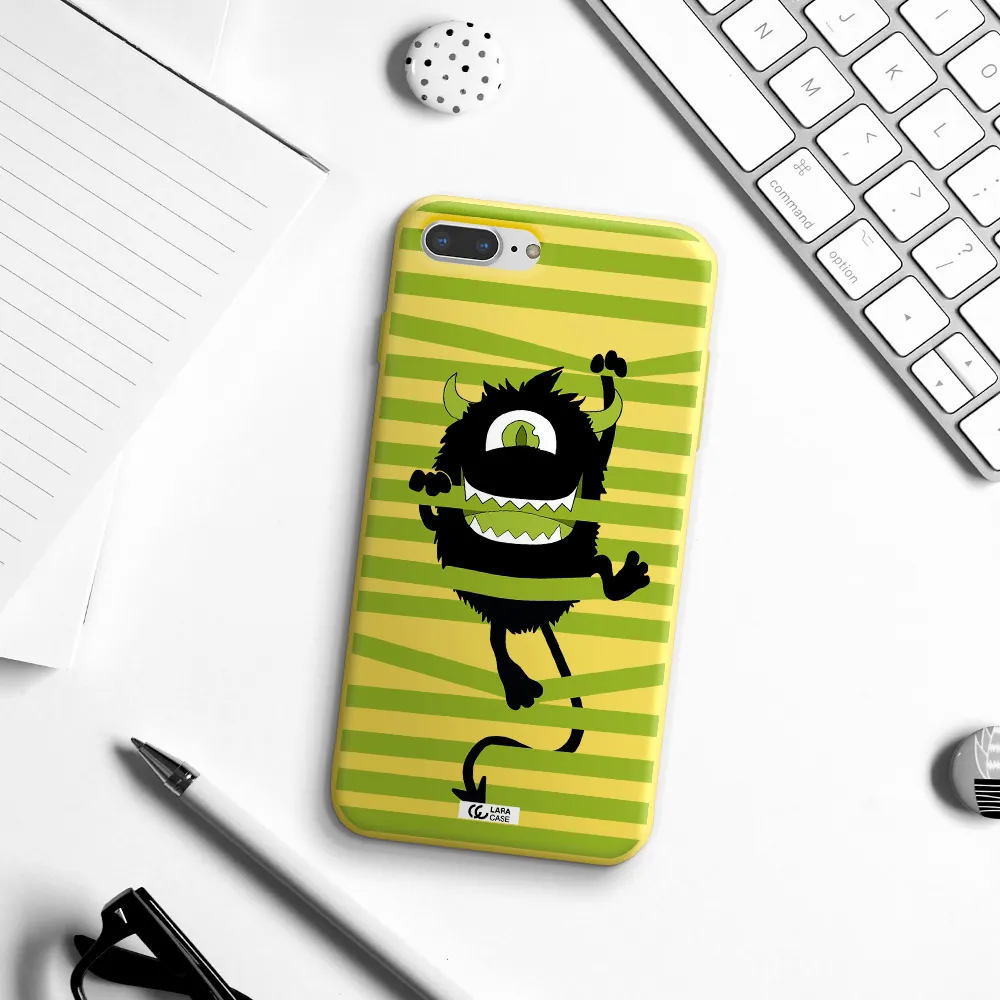 a black monster with horns and green stripes Apple iPhone 7 plus Silicone canary yellow Case
